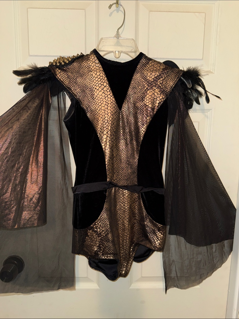Tenth House dance Metallic Gold and Black Feather-Trim Bodysuit